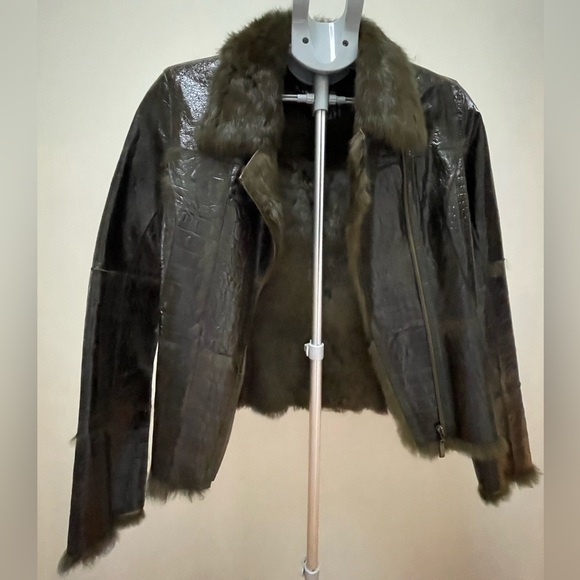 Blanc Noir Dark Green Faux Patent Leather Jacket with Faux Fur Lining - Picture 3 of 9